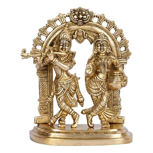 ARTVARKO Radha Krishna Brass Murti Murli Kishan Playing Flute Radha Standing with Pitcher on Kirtimukha Singhasana Height 21.5 cm - Image 1