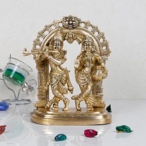 ARTVARKO Radha Krishna Brass Murti Murli Kishan Playing Flute Radha Standing with Pitcher on Kirtimukha Singhasana Height 21.5 cm - Image 2