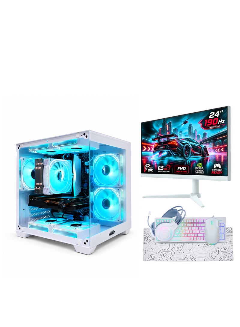 عرب جيمرز حزمة كمبيوتر ألعاب Intel Core i5-12400F RTX 5060 Ti 8GB 16GB RAM 1TB NVMe SSD مع شاشة 24 بوصة FHD 190Hz، لوحة مفاتيح، ماوس وسماعة رأس، أبيض - Image 1