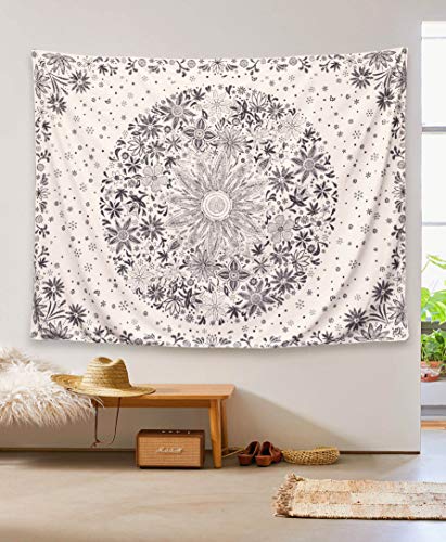 Neasow Bohemian Tapestry Wall Hanging, Beige White Floral Tapestry with Dotted Daisy Medallion Print Bedroom Boho Hippie Home Decor, 60x80 inches - Image 3