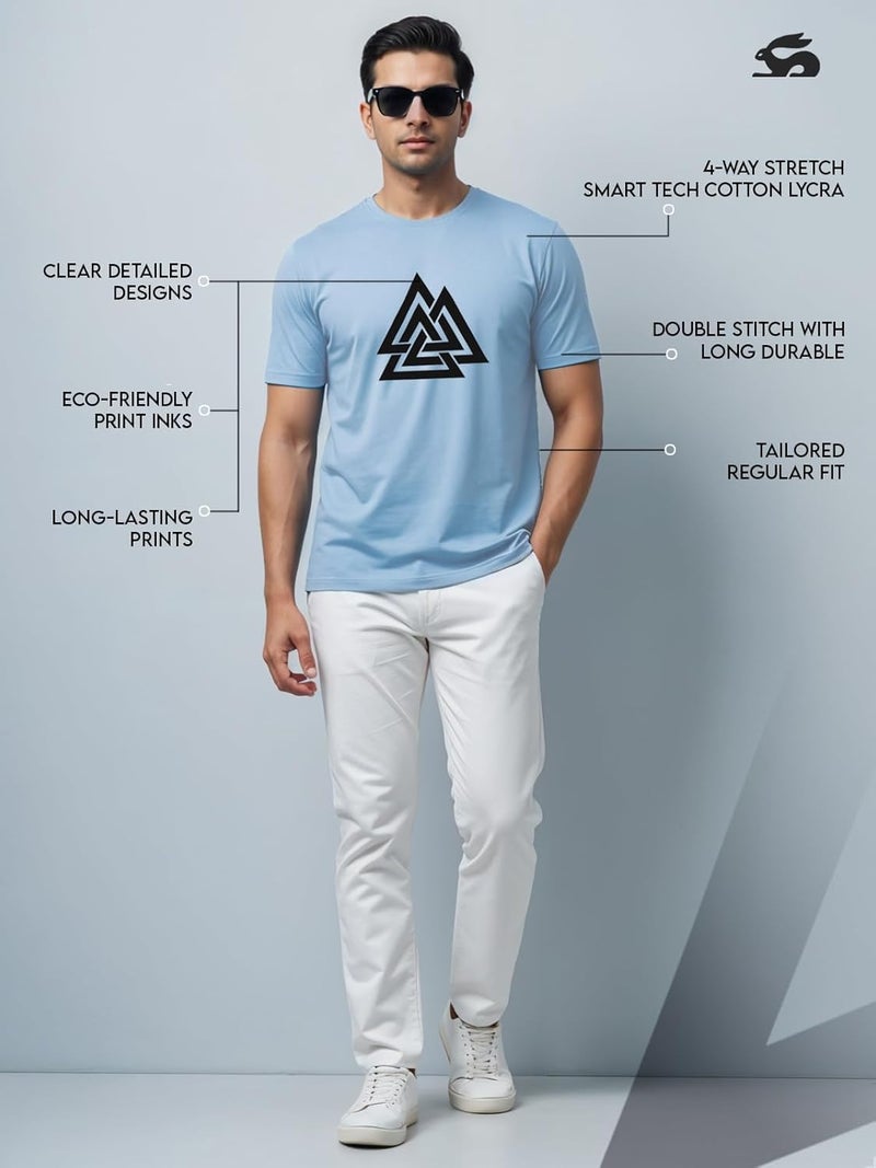 adro تي شيرت ADRO للرجال بطباعة مثلث باللون الأزرق السماوي - 100% قطن، مقاس عادي - Image 5