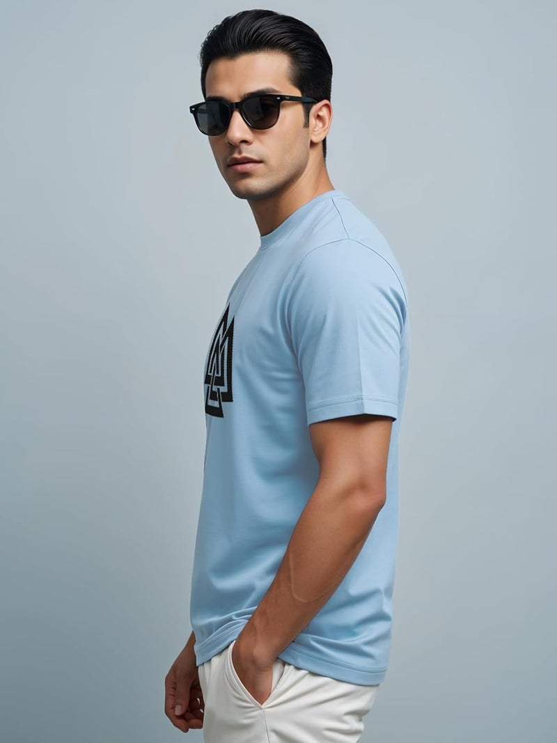 adro تي شيرت ADRO للرجال بطباعة مثلث باللون الأزرق السماوي - 100% قطن، مقاس عادي - Image 4