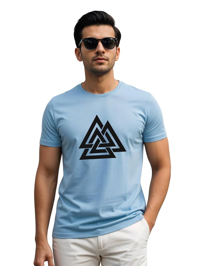 adro تي شيرت ADRO للرجال بطباعة مثلث باللون الأزرق السماوي - 100% قطن، مقاس عادي - Image 1
