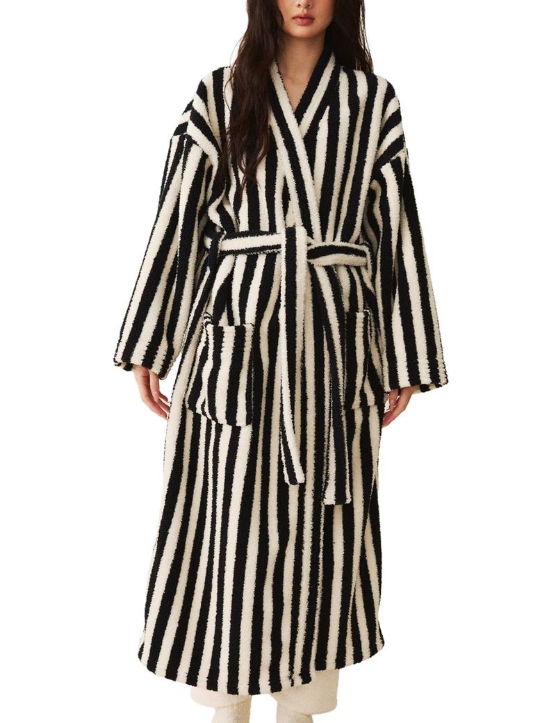Gihuo Womens Striped Robe Fluffy Long Plush Bathrobes Fuzzy Warm Cozy Thick Oversized Loungewear Maxi Robe(Black-L) - Image 1
