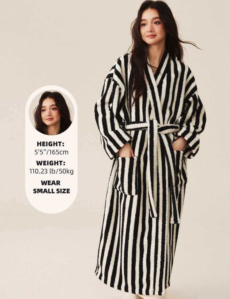 Gihuo Womens Striped Robe Fluffy Long Plush Bathrobes Fuzzy Warm Cozy Thick Oversized Loungewear Maxi Robe(Black-L) - Image 3