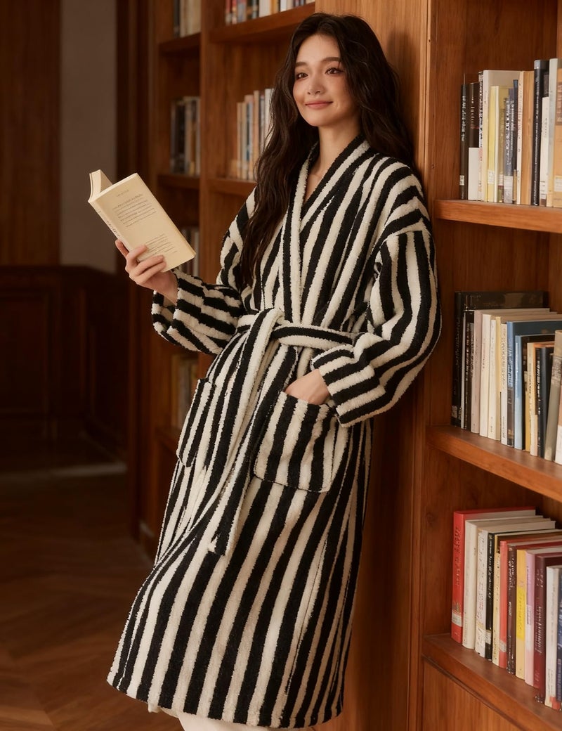 Gihuo Womens Striped Robe Fluffy Long Plush Bathrobes Fuzzy Warm Cozy Thick Oversized Loungewear Maxi Robe(Black-L) - Image 4