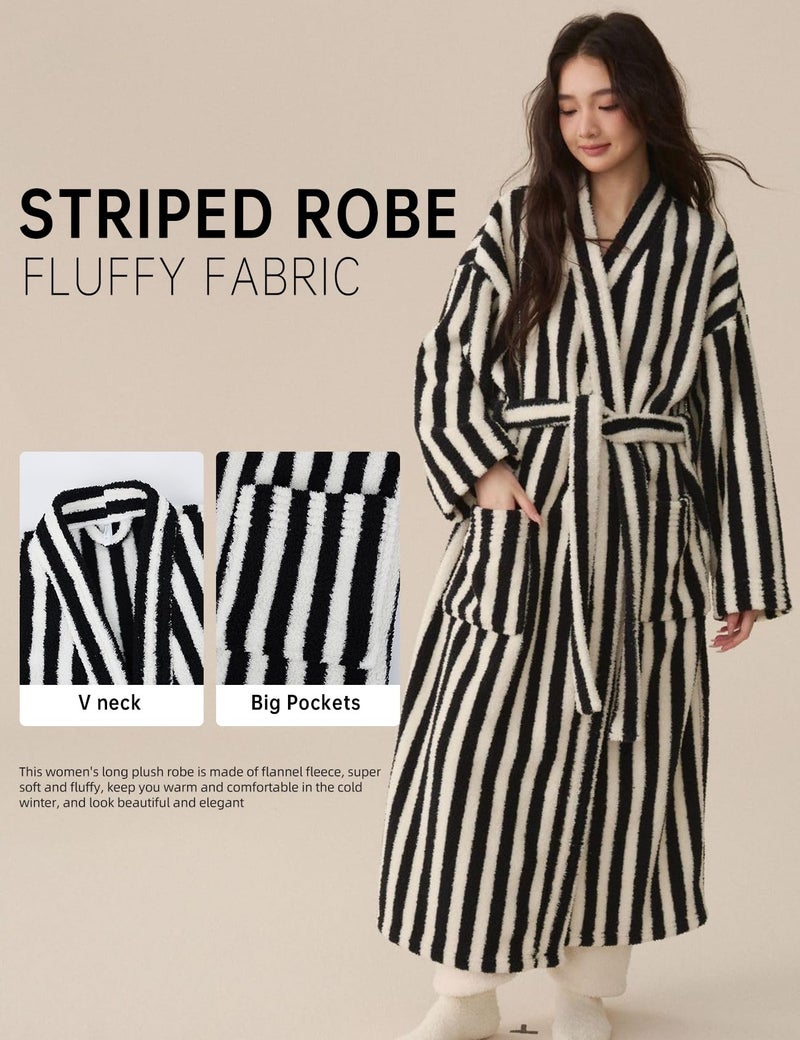 Gihuo Womens Striped Robe Fluffy Long Plush Bathrobes Fuzzy Warm Cozy Thick Oversized Loungewear Maxi Robe(Black-L) - Image 2