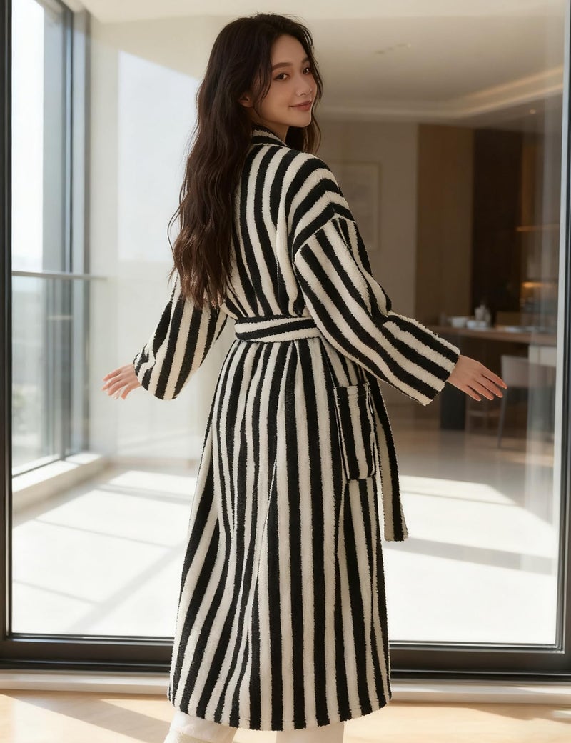 Gihuo Womens Striped Robe Fluffy Long Plush Bathrobes Fuzzy Warm Cozy Thick Oversized Loungewear Maxi Robe(Black-L) - Image 5