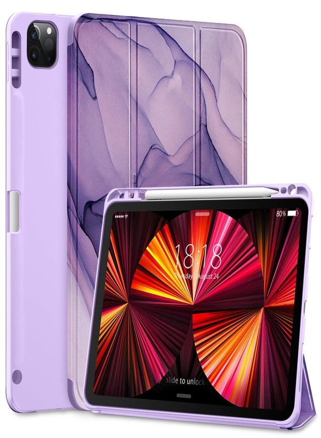 دتو جراب DTTO لجهاز iPad Pro مقاس 11 بوصة من الجيل الرابع/الثالث/الثاني/الأول (2022/2021/2020/2018)، غطاء خلفي أنيق ثلاثي الطي مصنوع من مادة TPU الناعمة مع حامل قلم مدمج، يناسب أيضًا iPad Air 5/4، لون رخامي بنفسجي - Image 1