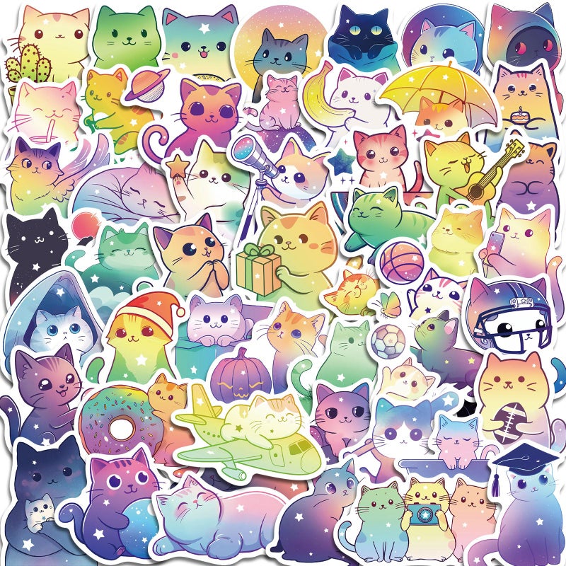ViKiVi 100 Pcs Cute Cat Stickers for Kids Teens, Kawaii Stickers for Girls Boys, Cat Party Favors & Decorations, Waterproof Starry Sky Cats Sticker Pack for Water Bottle Laptop Scrapbook - Image 1