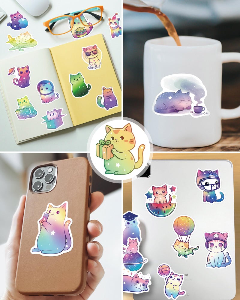 ViKiVi 100 Pcs Cute Cat Stickers for Kids Teens, Kawaii Stickers for Girls Boys, Cat Party Favors & Decorations, Waterproof Starry Sky Cats Sticker Pack for Water Bottle Laptop Scrapbook - Image 4