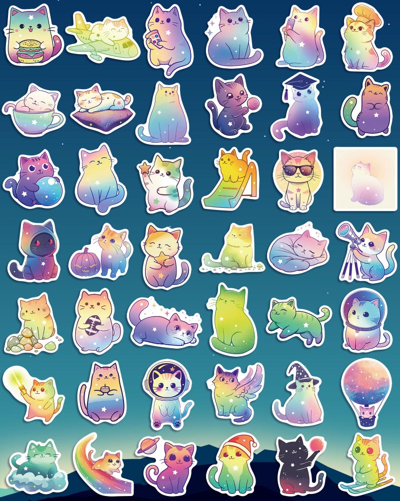 ViKiVi 100 Pcs Cute Cat Stickers for Kids Teens, Kawaii Stickers for Girls Boys, Cat Party Favors & Decorations, Waterproof Starry Sky Cats Sticker Pack for Water Bottle Laptop Scrapbook - Image 5