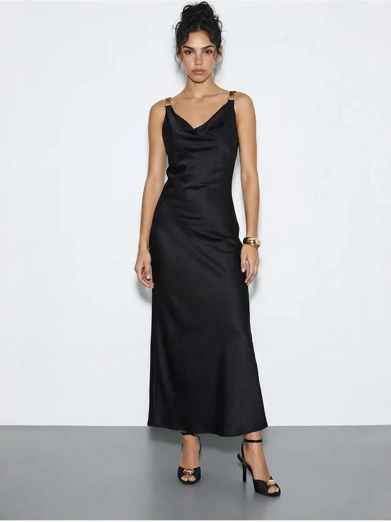 بيانكو لوتشي LUCCI Sleeveless Satin Maxi Slip Dress with Cowl Neck and Accessory Detail