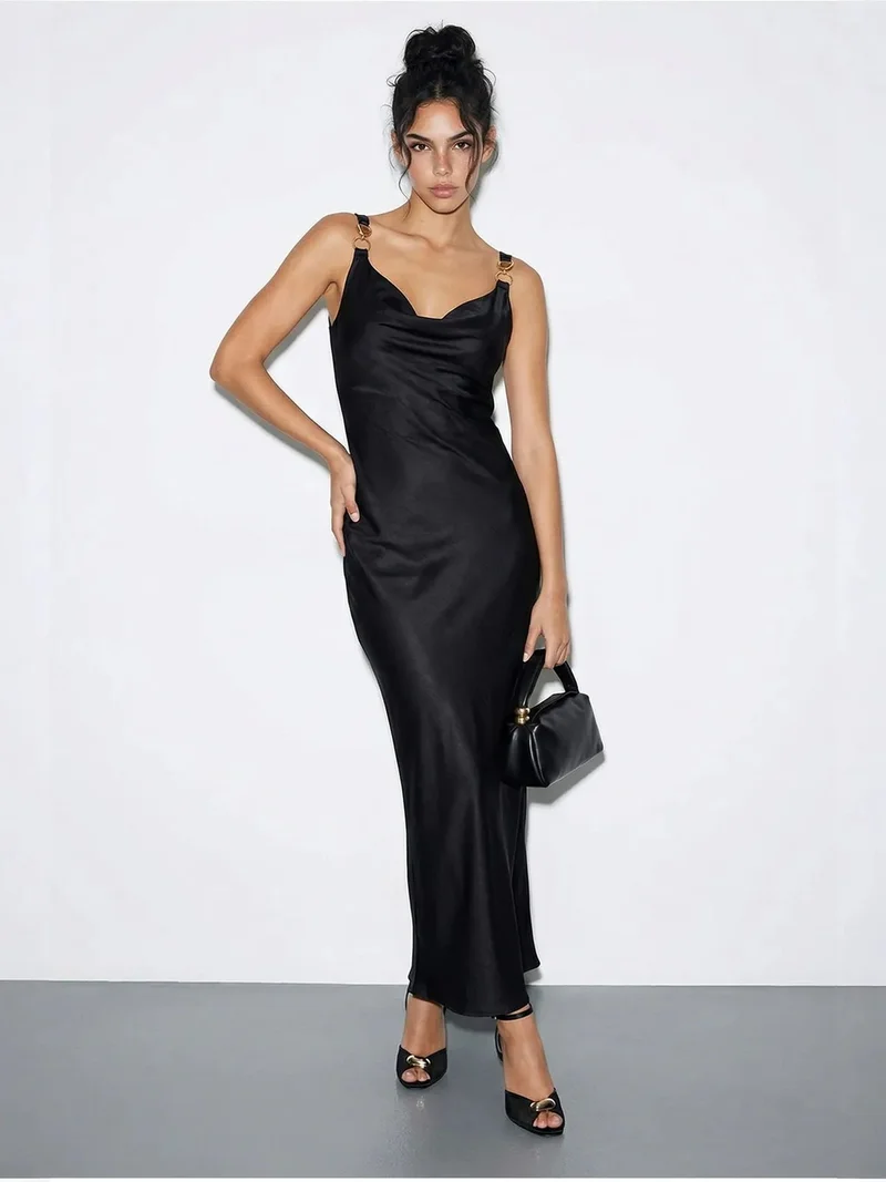 بيانكو لوتشي LUCCI Sleeveless Satin Maxi Slip Dress with Cowl Neck and Accessory Detail