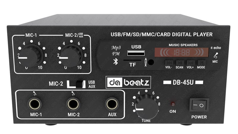 da.beatz. Dabeatz DB- 45U Amplifier with LED Display/Bluetooth/MIC Input/USB/SD Card Slot/FM Radio/AUX Input/Remote Control & Built-in Equalizer with Bass,Treble & Balance Control Power Amplifiers (45Watt) - Image 1