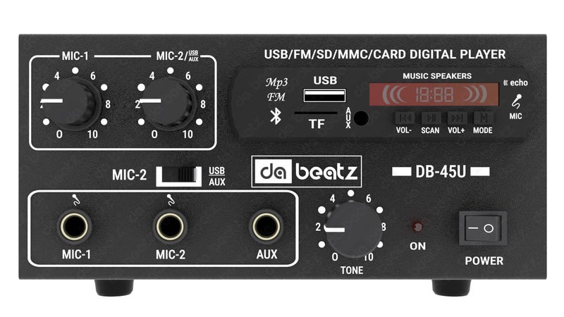 da.beatz. Dabeatz DB- 45U Amplifier with LED Display/Bluetooth/MIC Input/USB/SD Card Slot/FM Radio/AUX Input/Remote Control & Built-in Equalizer with Bass,Treble & Balance Control Power Amplifiers (45Watt) - Image 2