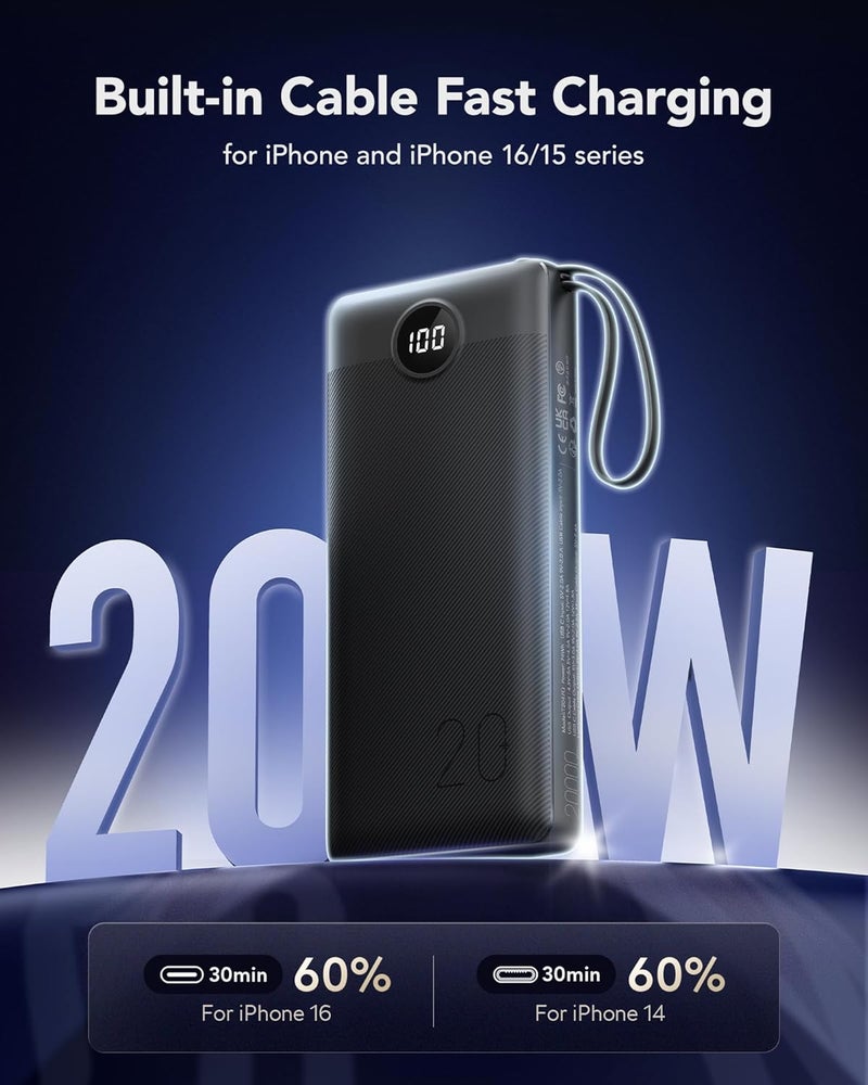 VRURC Powerbank, Power Bank 20000mAh with Built in Cables, USB C 22.5W Fast Charging Portable Charger, 4 Output 2 Input Phone Battery Pack with LED Display Compatible with iPhone, Samsung, Tablet - Image 3