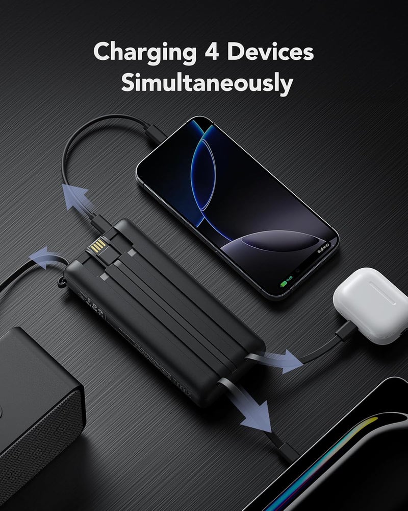 VRURC Powerbank, Power Bank 20000mAh with Built in Cables, USB C 22.5W Fast Charging Portable Charger, 4 Output 2 Input Phone Battery Pack with LED Display Compatible with iPhone, Samsung, Tablet - Image 2