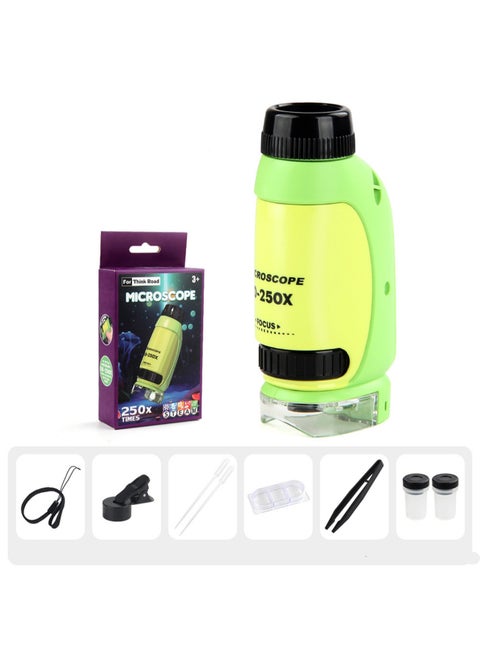 New Mini Microscope Primary And Secondary School Science Experiment Teaching Aids Set Children'S Educational Portable Microscope (Green and yellow single-handed microscope + small mobile phone holder)