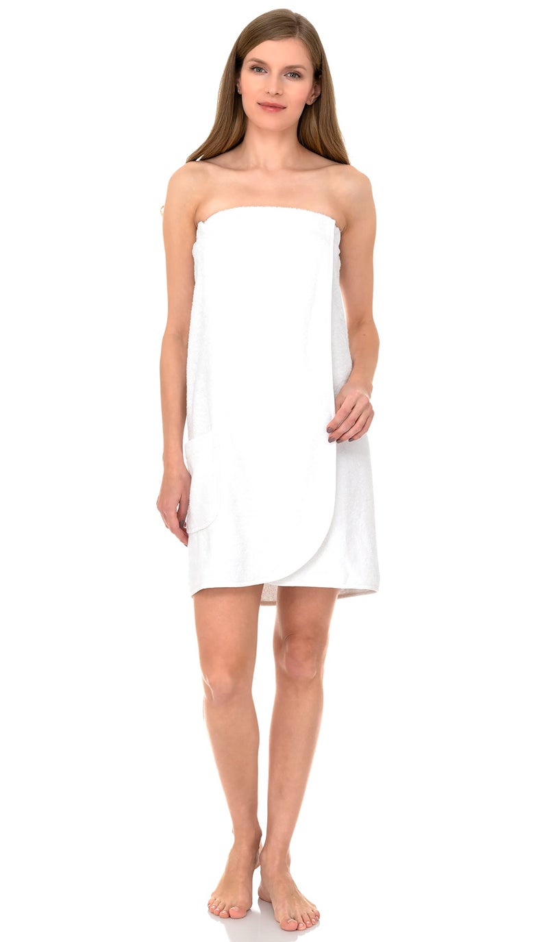 TowelSelections Womens Shower Wrap Adjustable Cotton Terry Cloth Gym Cover Up with Snaps Small-Medium White - Image 3