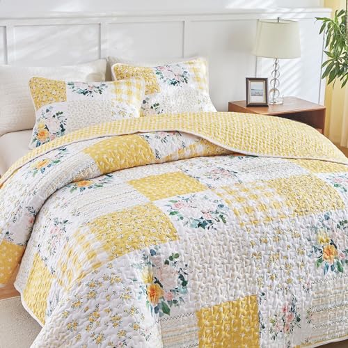 Joyreap 3 Pieces Floral Patchwork Quilt Set Queen, Yellow n White Flowers Design, Soft n Cozy Microfiber Quilt, Bedspread Bed Cover for All Season, 1 Quilt and 2 Pillow Shams- 90x90 inches - Image 5
