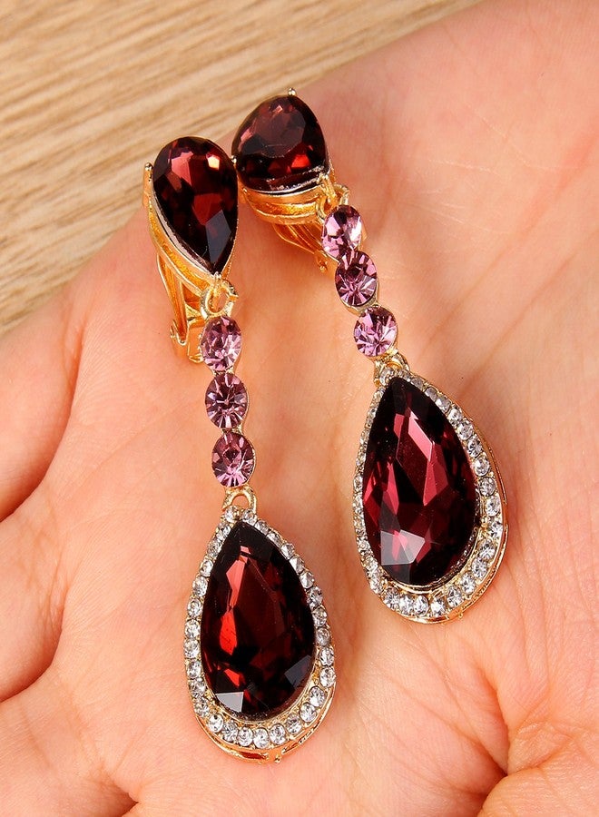 بريلوف أقراط زفاف بريلوف بمشبك للنساء، مرصعة بالكريستال على شكل دمعة، بتصميم إنفينيتي ورقم 8، بتصميم ثريا متدلية، بلون الجمشت الداكن، مطلية بالذهب. - Image 4