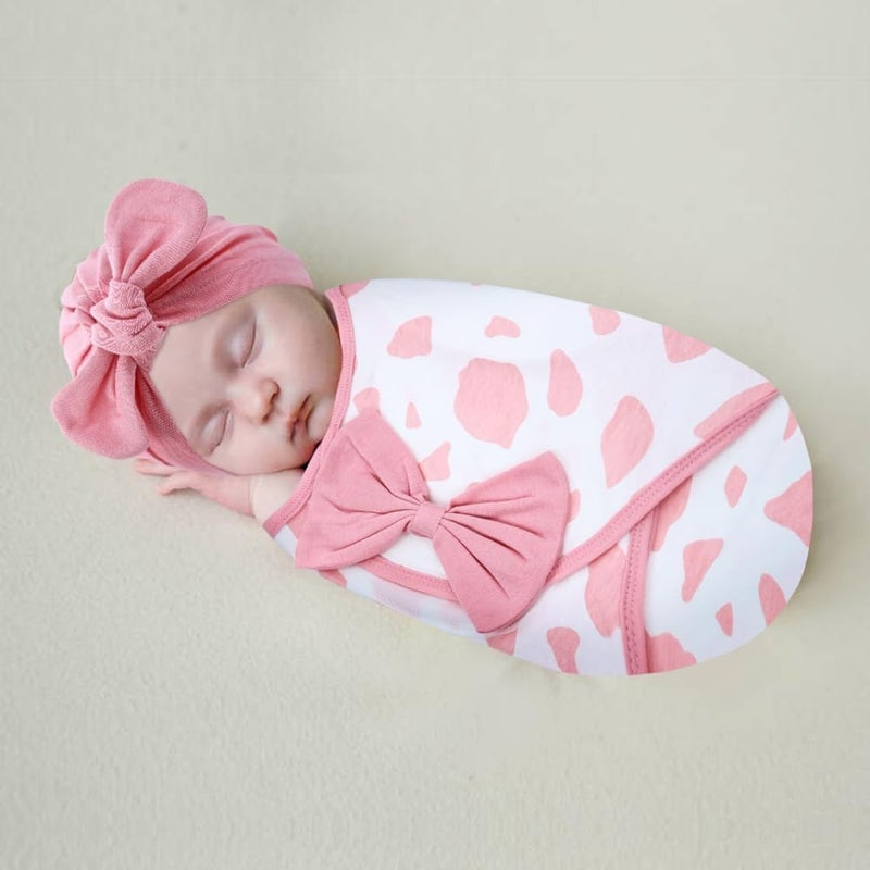 Cinaci 2 Pack Adjustable Soft Cotton Blend Newborn Baby Receiving Swaddle Blankets Sleep Sacks with Big Bow Hats Caps Beanies Bonnets for Baby Girls Newborns Infants (White Pink+Pink) - Image 5