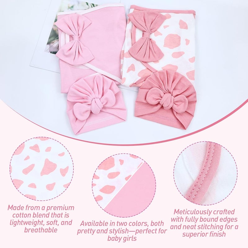 Cinaci 2 Pack Adjustable Soft Cotton Blend Newborn Baby Receiving Swaddle Blankets Sleep Sacks with Big Bow Hats Caps Beanies Bonnets for Baby Girls Newborns Infants (White Pink+Pink) - Image 3