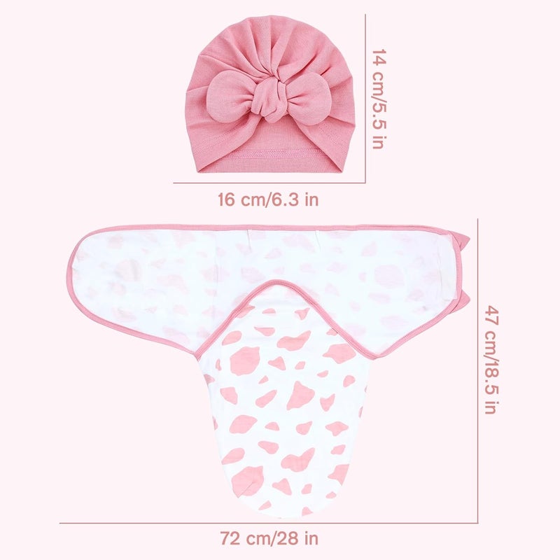 Cinaci 2 Pack Adjustable Soft Cotton Blend Newborn Baby Receiving Swaddle Blankets Sleep Sacks with Big Bow Hats Caps Beanies Bonnets for Baby Girls Newborns Infants (White Pink+Pink) - Image 2