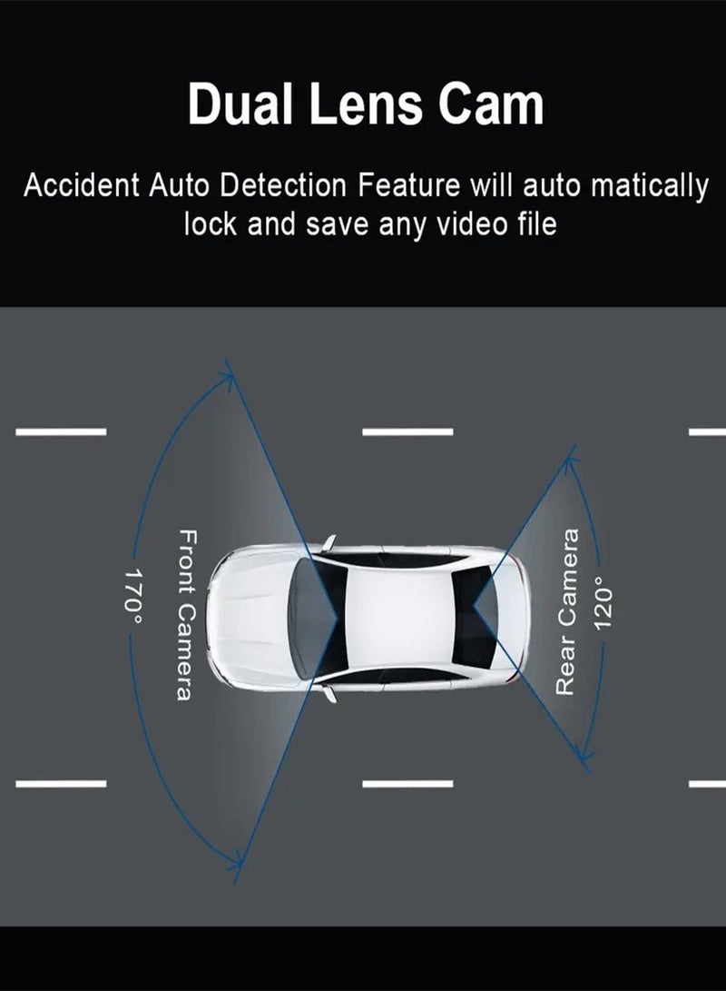 Dash Cam, Front and Rear Dash Cam, HD front Camera with 64G Memory card, 11*6cm Viewing Screen, Touch Screen - Black - Image 2