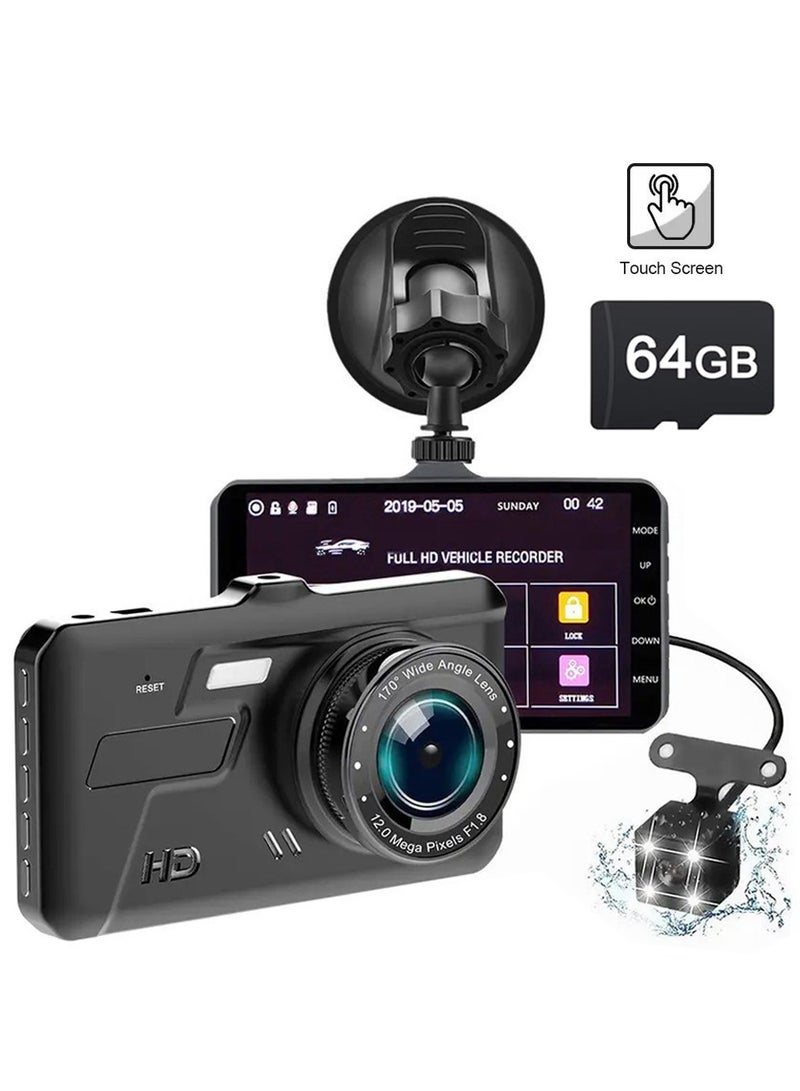 Dash Cam, Front and Rear Dash Cam, HD front Camera with 64G Memory card, 11*6cm Viewing Screen, Touch Screen - Black - Image 1