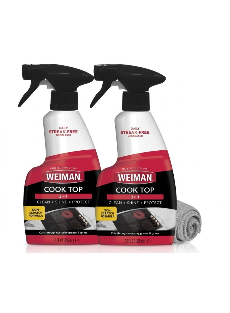 Weiman Cooktop 3-in-1 Cleaner & Polish Spray, 12 fl oz (Pack of 2) with Cleaning Cloth - Image 1