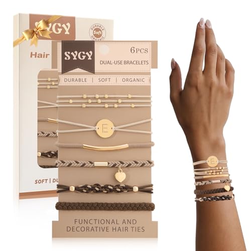SYGY 6 PCS Hair Bracelets for Women, Letter Boho Hair Ties for Thick & Thin Hair, Gold Initial Bracelet Sets, Dual-Use Stretch Bracelets, Braided Hair Ties for Ponytail Holders(E) - Image 1