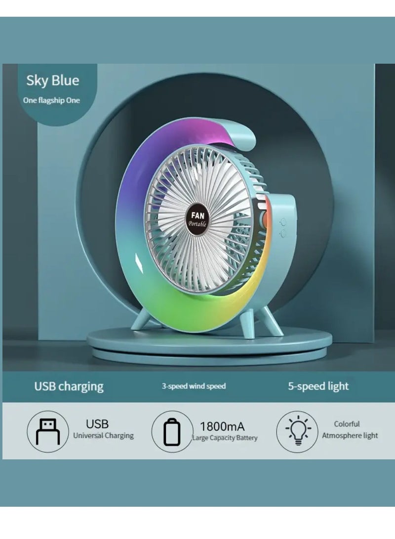 يوويل مروحة طاولة محمولة LED ديكور G مصباح طاولة مروحة صغيرة كتم صوت USB شحن مروحة ملونة مروحة سطح مكتب صغيرة دوران الهواء 3 سرعة الرياح 5 أوضاع أضواء السرعة بطارية احتياطية قوية 1800 مللي أمبير أزرق سماوي  - Image 2