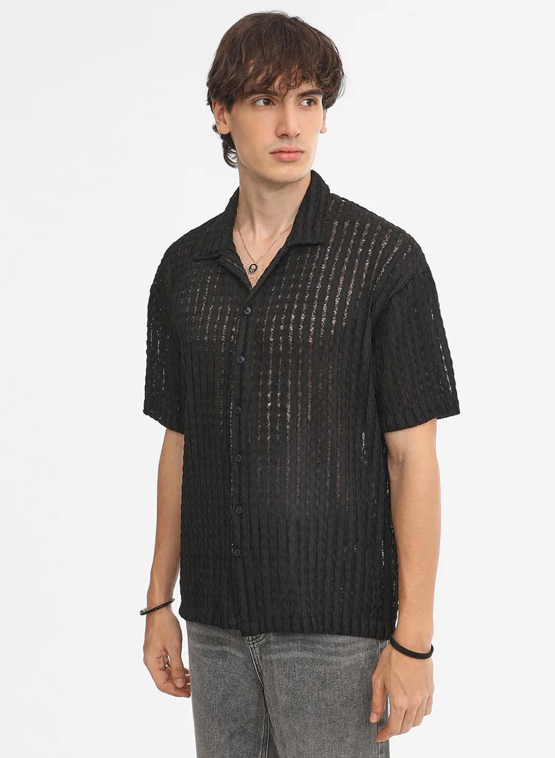 Campus Sutra Men's Onyx Black Striped Knit Oversized Shirt