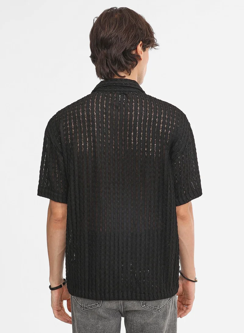 Campus Sutra Men's Onyx Black Striped Knit Oversized Shirt