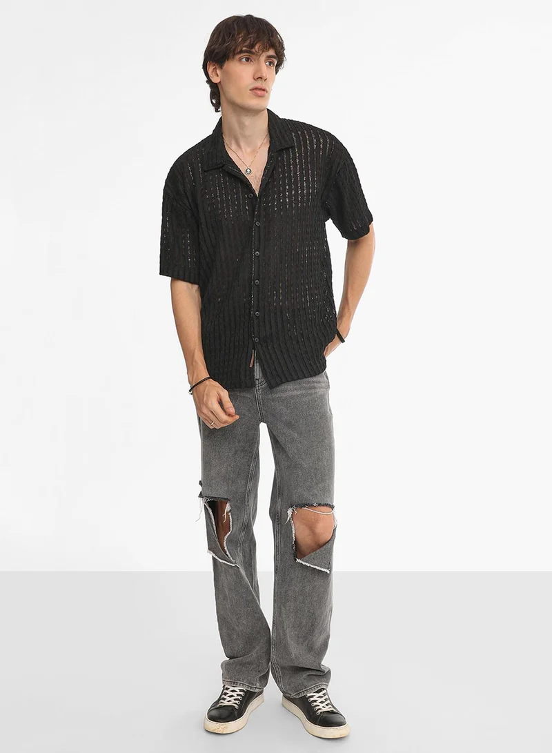 Campus Sutra Men's Onyx Black Striped Knit Oversized Shirt