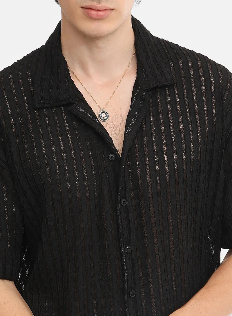 Campus Sutra Men's Onyx Black Striped Knit Oversized Shirt