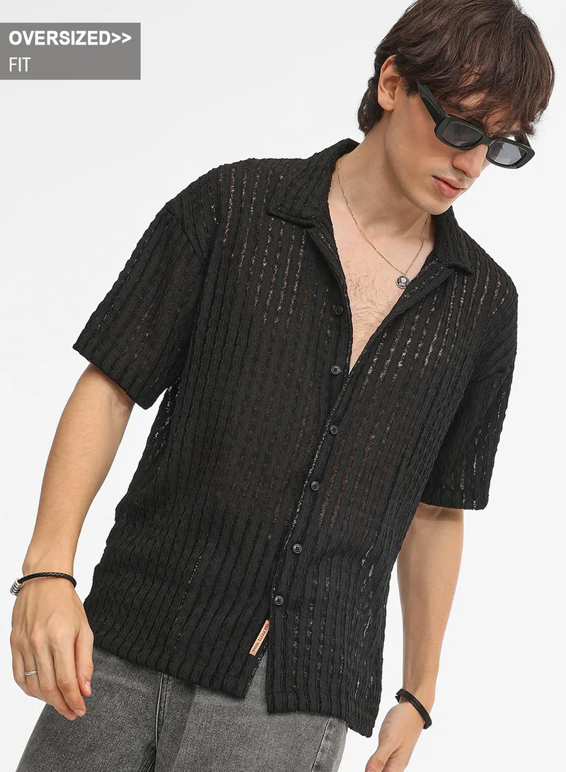Campus Sutra Men's Onyx Black Striped Knit Oversized Shirt