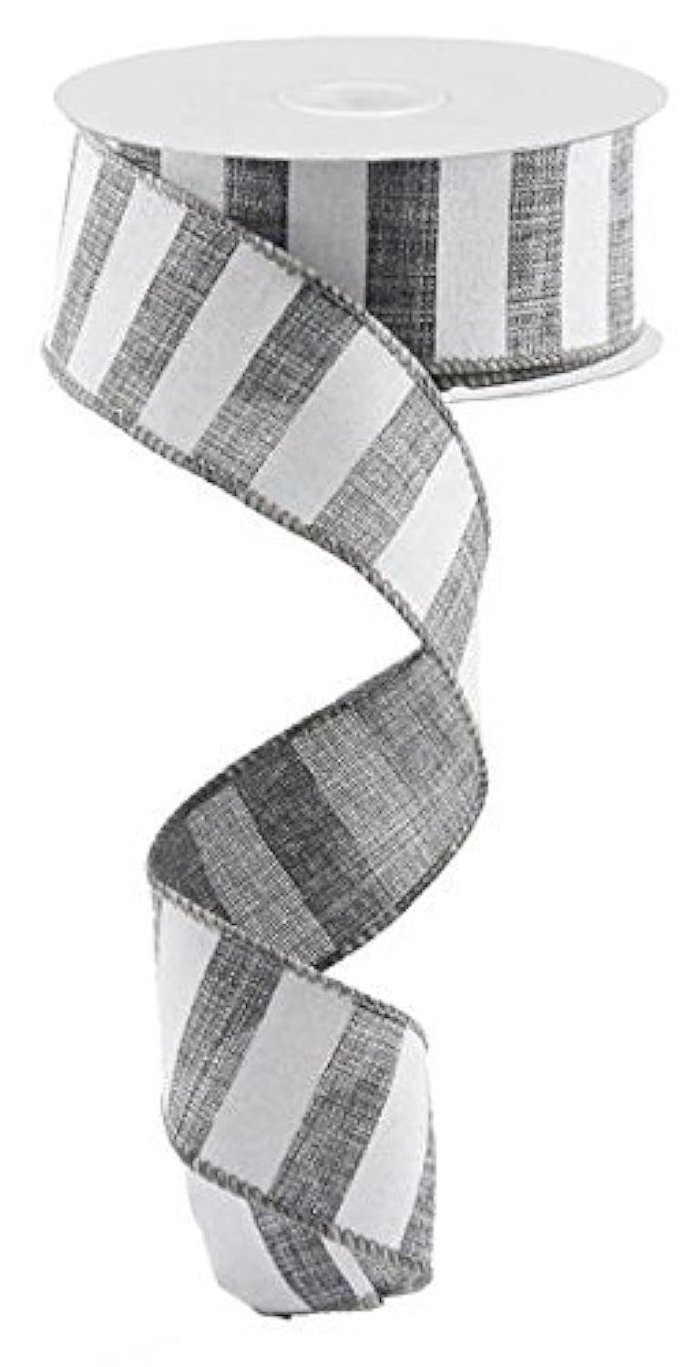 Grey White Striped Fabric Burlap Wired Ribbon 15 Inches x 10 Yards RX9148R7