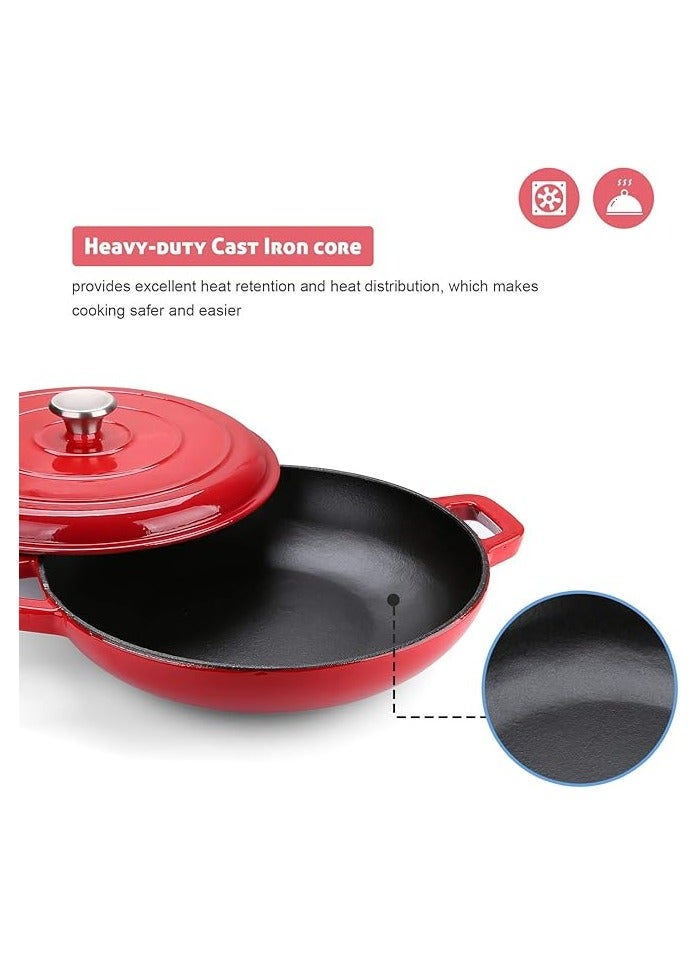 بروماس مقلاة طهي من الحديد الزهر سعة 3.8 لتر، مقلاة تجهيزات المطابخ مع غطاء ومقابض مزدوجة - أحمر - Image 2