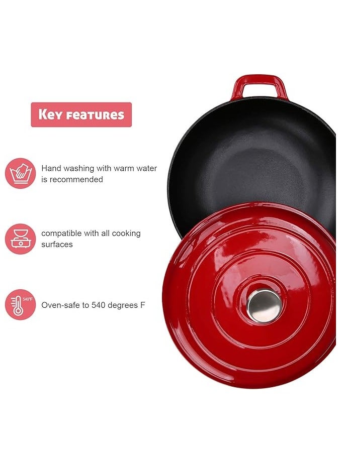 بروماس مقلاة طهي من الحديد الزهر سعة 3.8 لتر، مقلاة تجهيزات المطابخ مع غطاء ومقابض مزدوجة - أحمر - Image 3