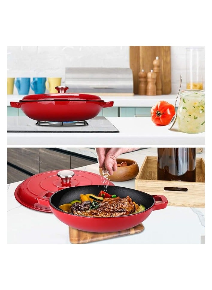 بروماس مقلاة طهي من الحديد الزهر سعة 3.8 لتر، مقلاة تجهيزات المطابخ مع غطاء ومقابض مزدوجة - أحمر - Image 4