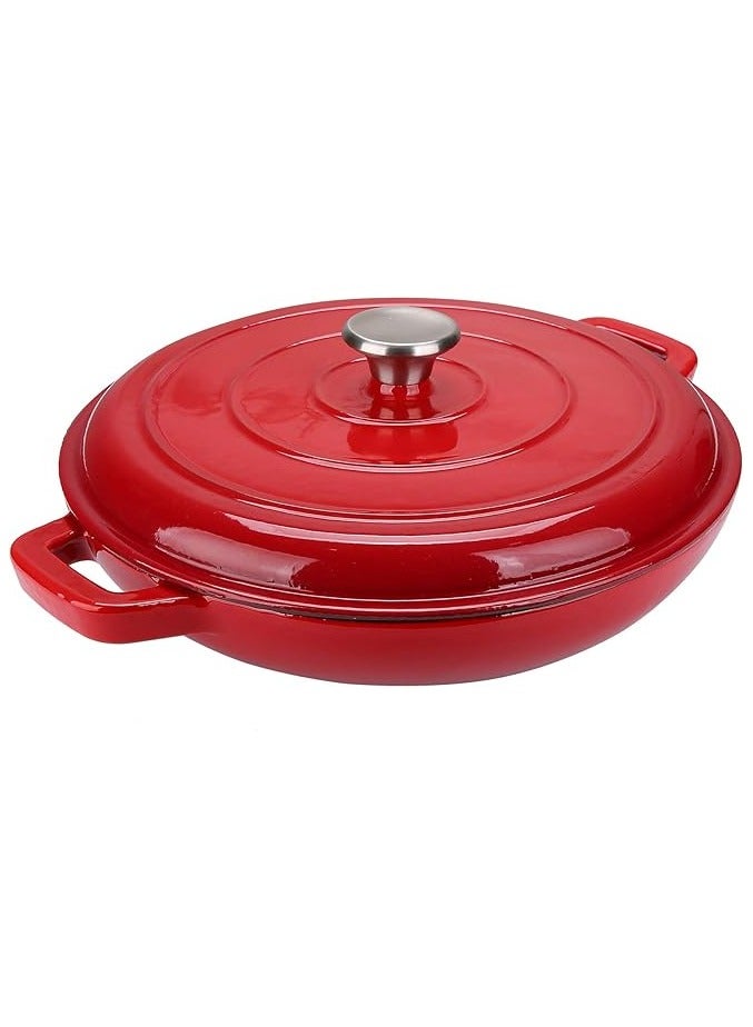 بروماس مقلاة طهي من الحديد الزهر سعة 3.8 لتر، مقلاة تجهيزات المطابخ مع غطاء ومقابض مزدوجة - أحمر - Image 1
