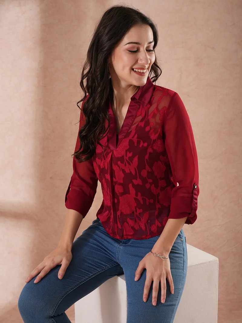 globus Women Floral Roll-Up Sleeves Top