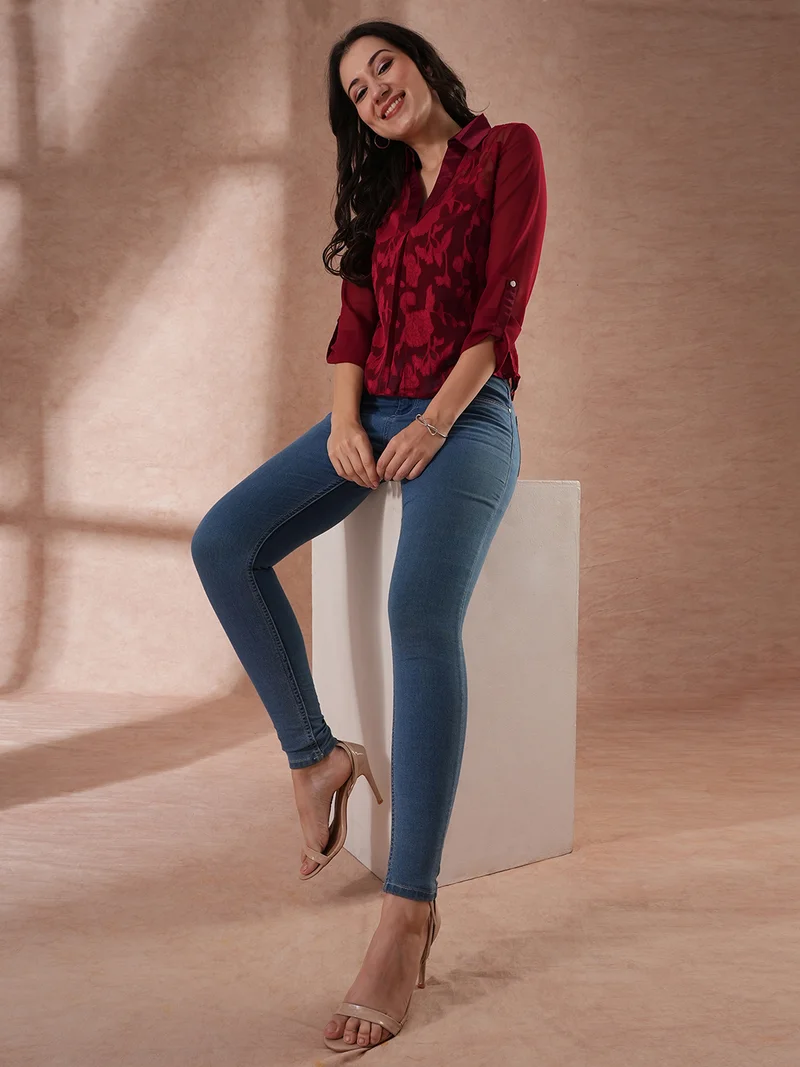 globus Women Floral Roll-Up Sleeves Top
