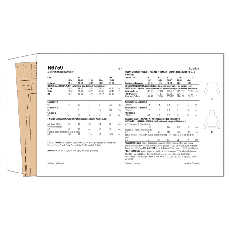 New Look Easy Misses' and Men's Sweatshirts Hood Variations Sewing Pattern Kit, Design Code N6759, Sizes S-M-L-XL-XXL, Multicolor - Image 2