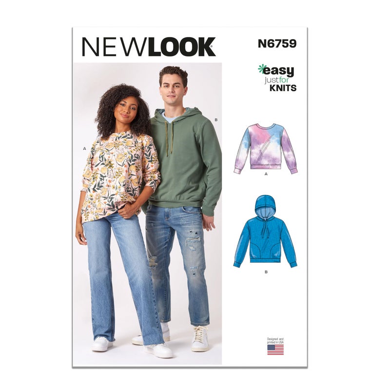 New Look Easy Misses' and Men's Sweatshirts Hood Variations Sewing Pattern Kit, Design Code N6759, Sizes S-M-L-XL-XXL, Multicolor - Image 1
