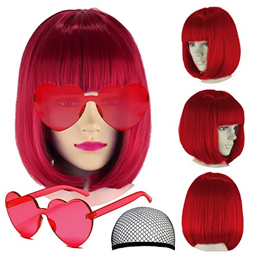 LIULIUBTY Short Bob Hair Wigs Straight with Flat Bangs Synthetic Colorful Cosplay Daily Party Neon Wig for Women Free Wig Cap 12 Natural As Real Red - Image 1