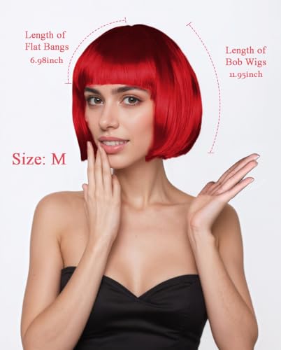 LIULIUBTY Short Bob Hair Wigs Straight with Flat Bangs Synthetic Colorful Cosplay Daily Party Neon Wig for Women Free Wig Cap 12 Natural As Real Red - Image 3